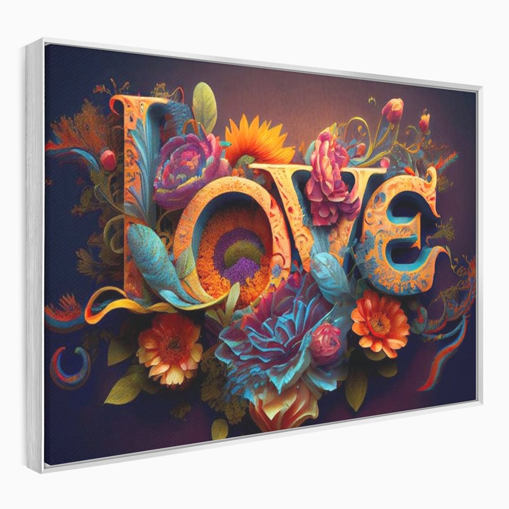 Tablou canvas cu tablou canvas cu litere florale stilizate, in rama de aluminiu argintiu